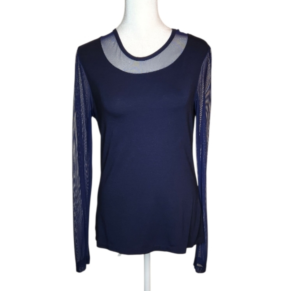 Anatomie Kim Mesh Sleeve Top in Pima Modal Blend Navy Size Small - Picture 1 of 8